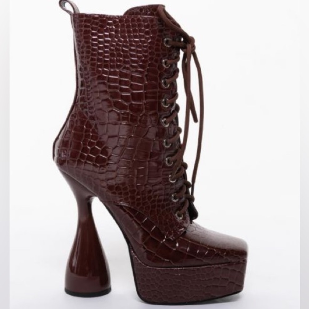 Azalea Wang Chocolate Brown Croc Patent Leather Platform Boot - Picture 3 of 5